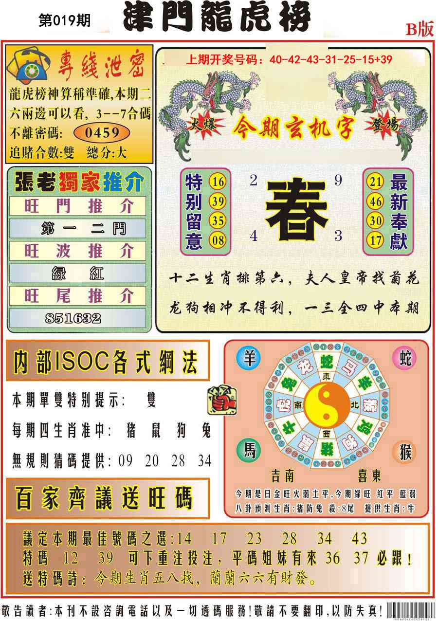 019期津门龙虎榜B[图]