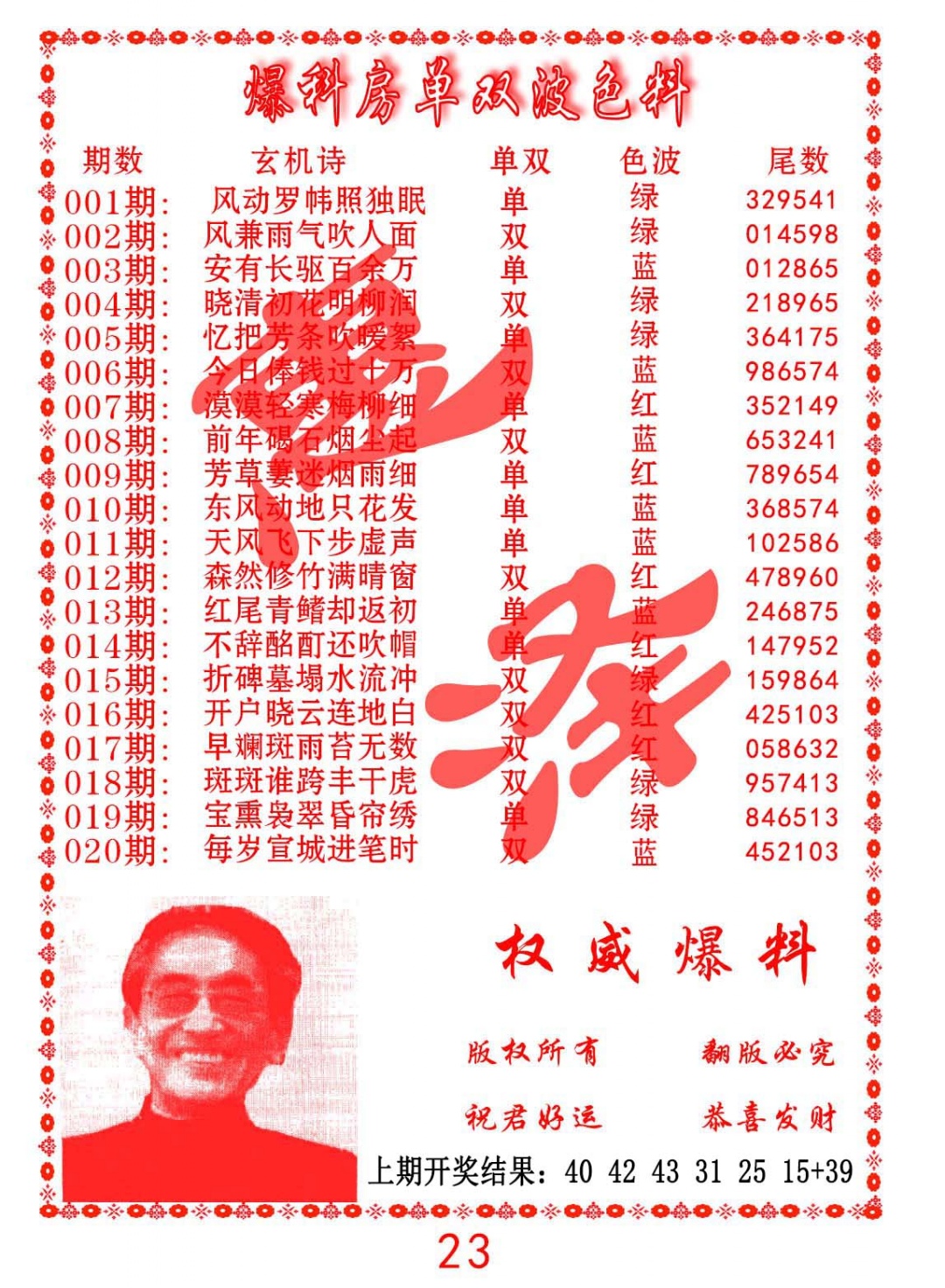 019期爆料房单双波色料[图]